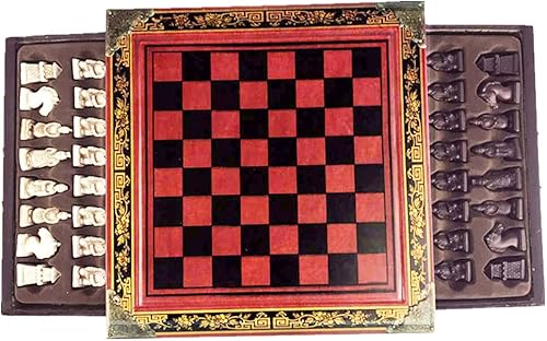 Miniatura 3 de Ireav - Juego de ajedrez retro de guerreros terracota para niños y adultos, clásico juego de mesa familiar con tablero plegable de madera, piezas de