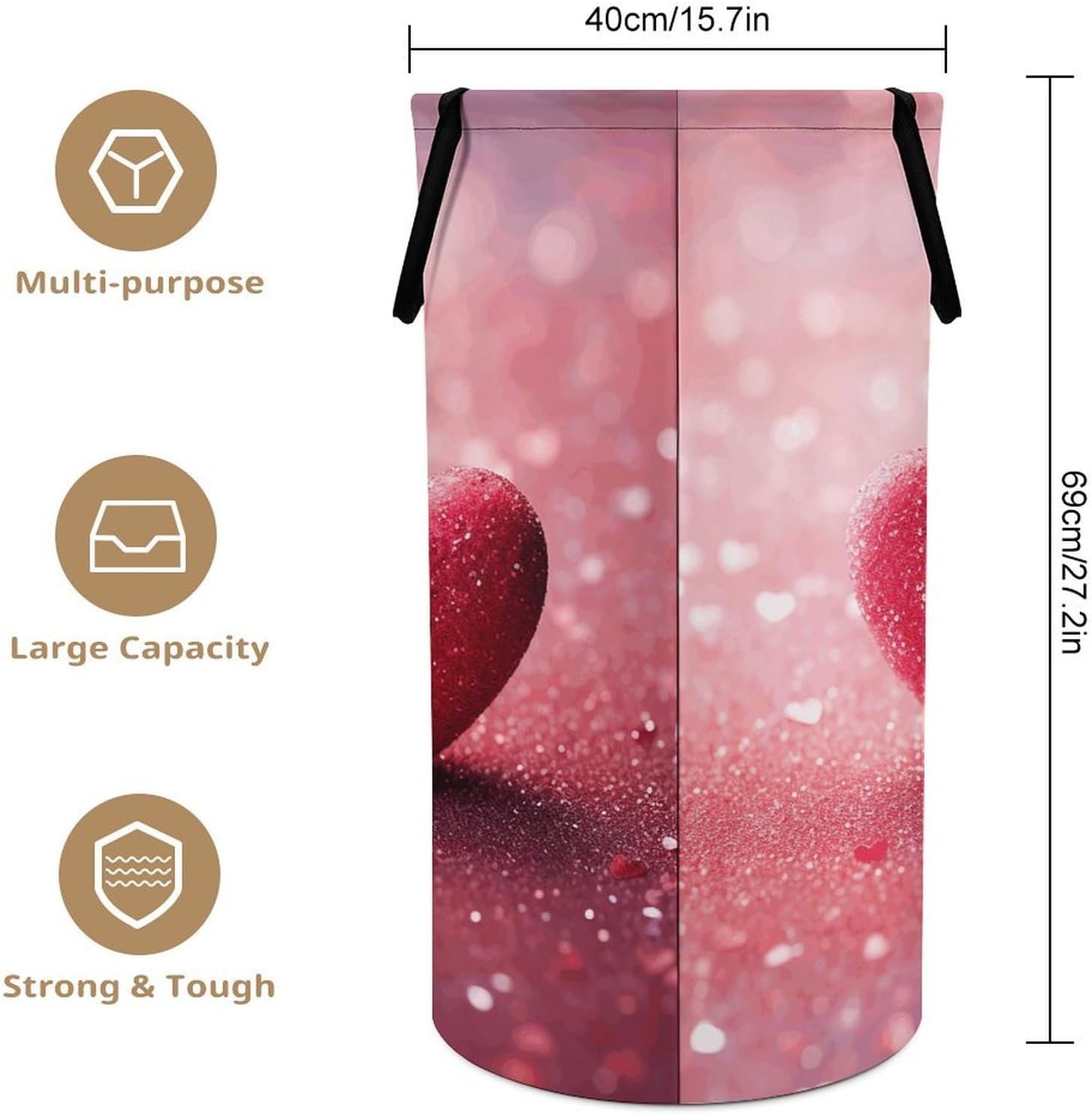 Red Heart Pink GlitterLaundry Hamper - Large Dirty Clothes Bag.Storage Basket for Easy Carry Handles. Large Clothes Basket with Handles, Clothing Storage Bucket Toy Organizer for Bathroom Bedroom Dor