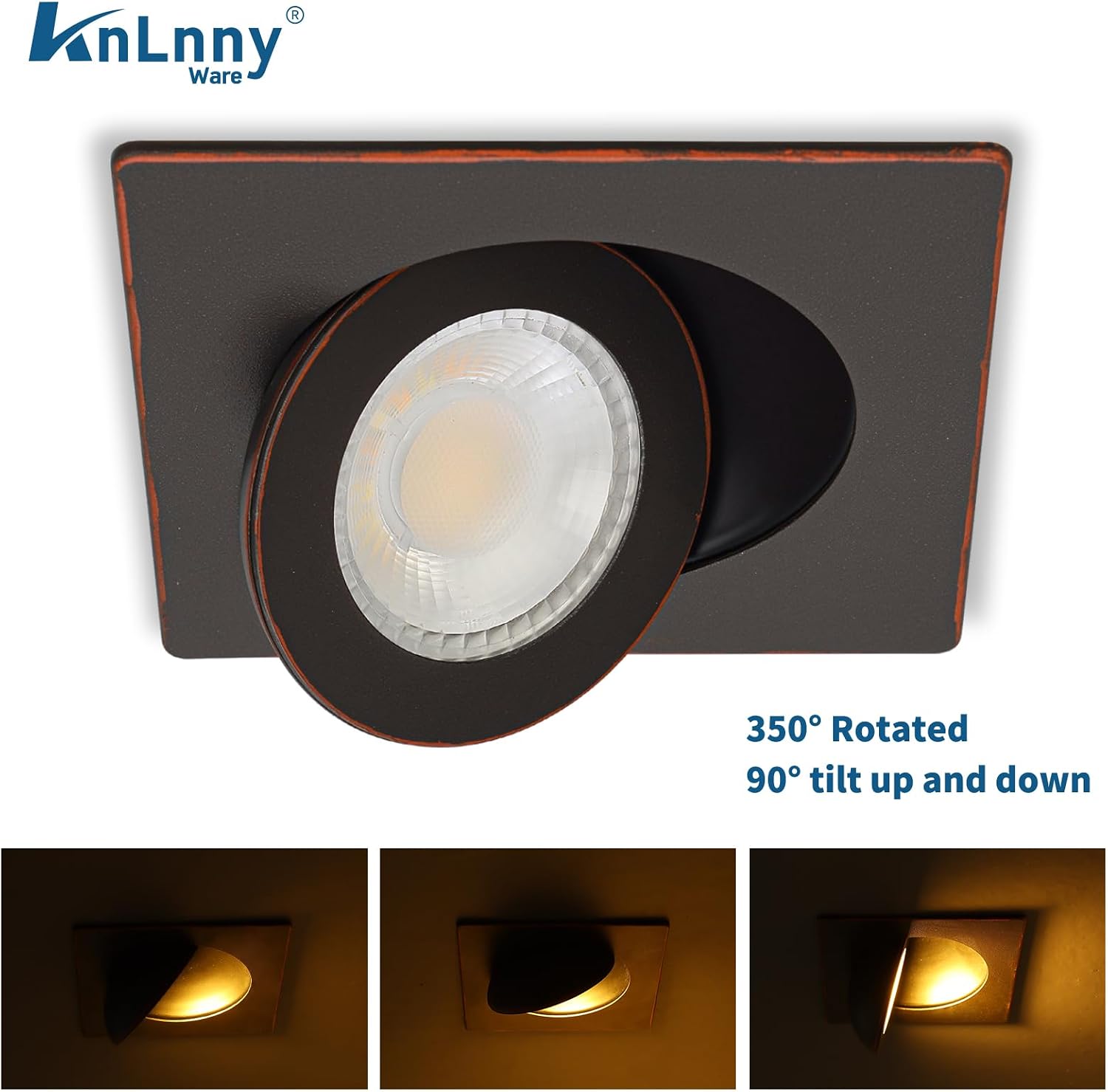KnLnny Ware Square Gimbal Recessed Lighting 4 Inch 6 Pack, Ajustable Eyeball recessed Light with Junction Box,5 Color Selectable,Airtight,9W 750LM,Dimmable,Bronze
