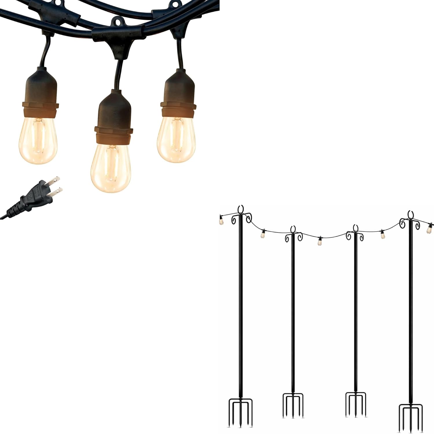 Brightech Bundle Ambience Pro - Waterproof LED Outdoor String Lights - 48 Ft + 4-Pack 10FT String Light Poles for Outdoor Use