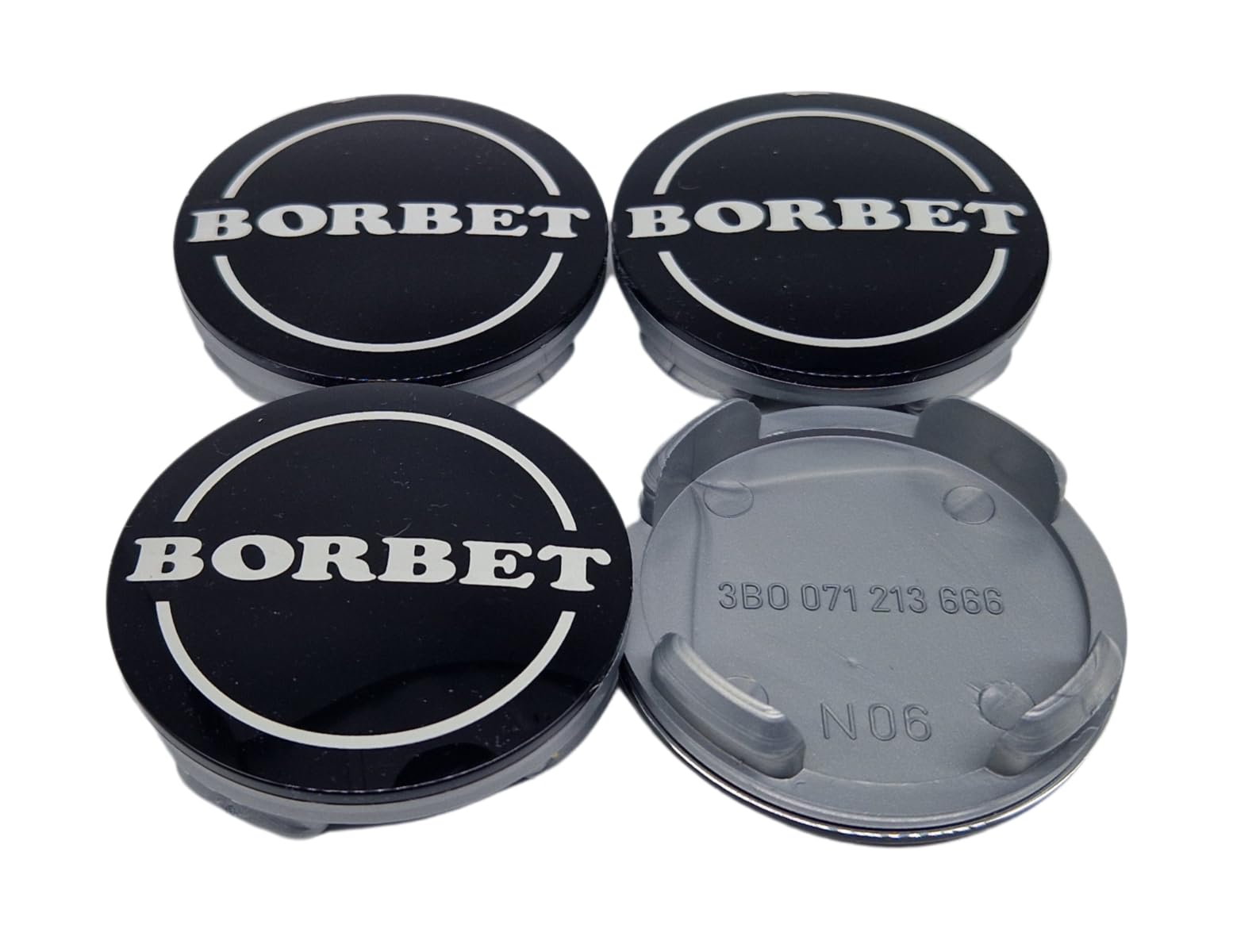 4 x oryginalne dekielki Borbet do felg, czarna, błyszcząca, srebrna, 60 mm, N06, do CWD CWG 3B0071213666