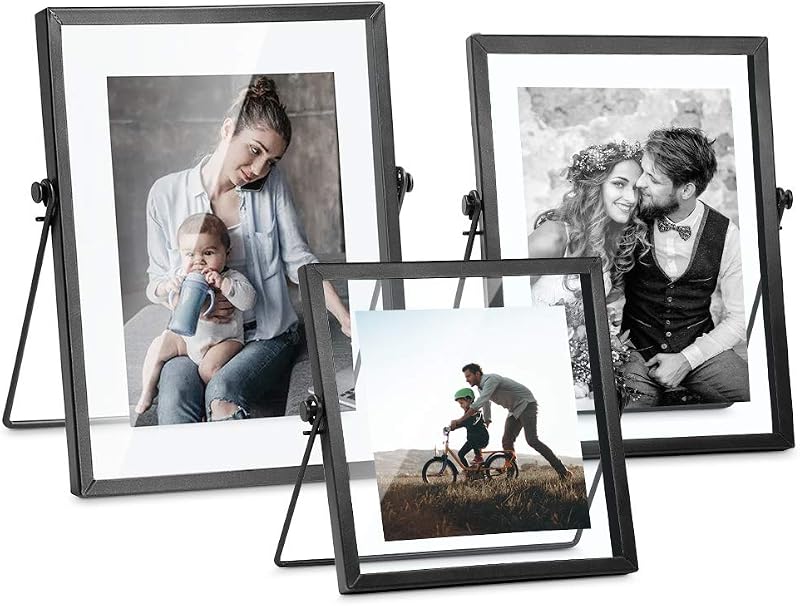 ZONYEO Set of 3 Glass Picture Frame, Collection Simple Metal Floating Frame with Glass Cover Includes 4x4, 4x 6, 5x7 | Minimalist clear-glass design, tabletop or wall display for bedroom, office, dresser & living room, modern home accent, trio