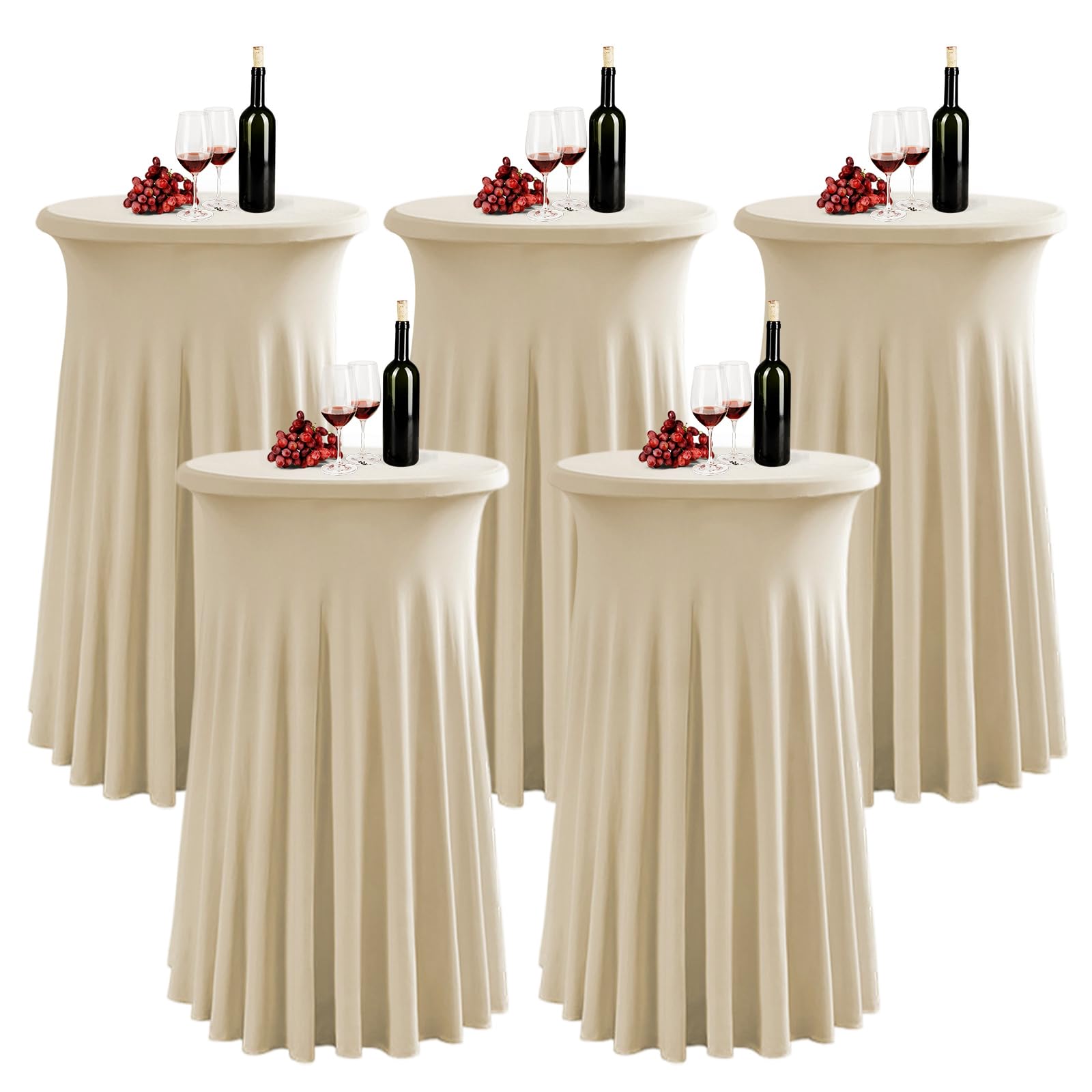 Nappe Mange Debout Ronde, 80x110 cm Housse pour Table Haute en Spandex, Nappe de Cocktail avec Jupe pour Banquet Mariage Anniversaire Bar Table,Champagne,5pcs