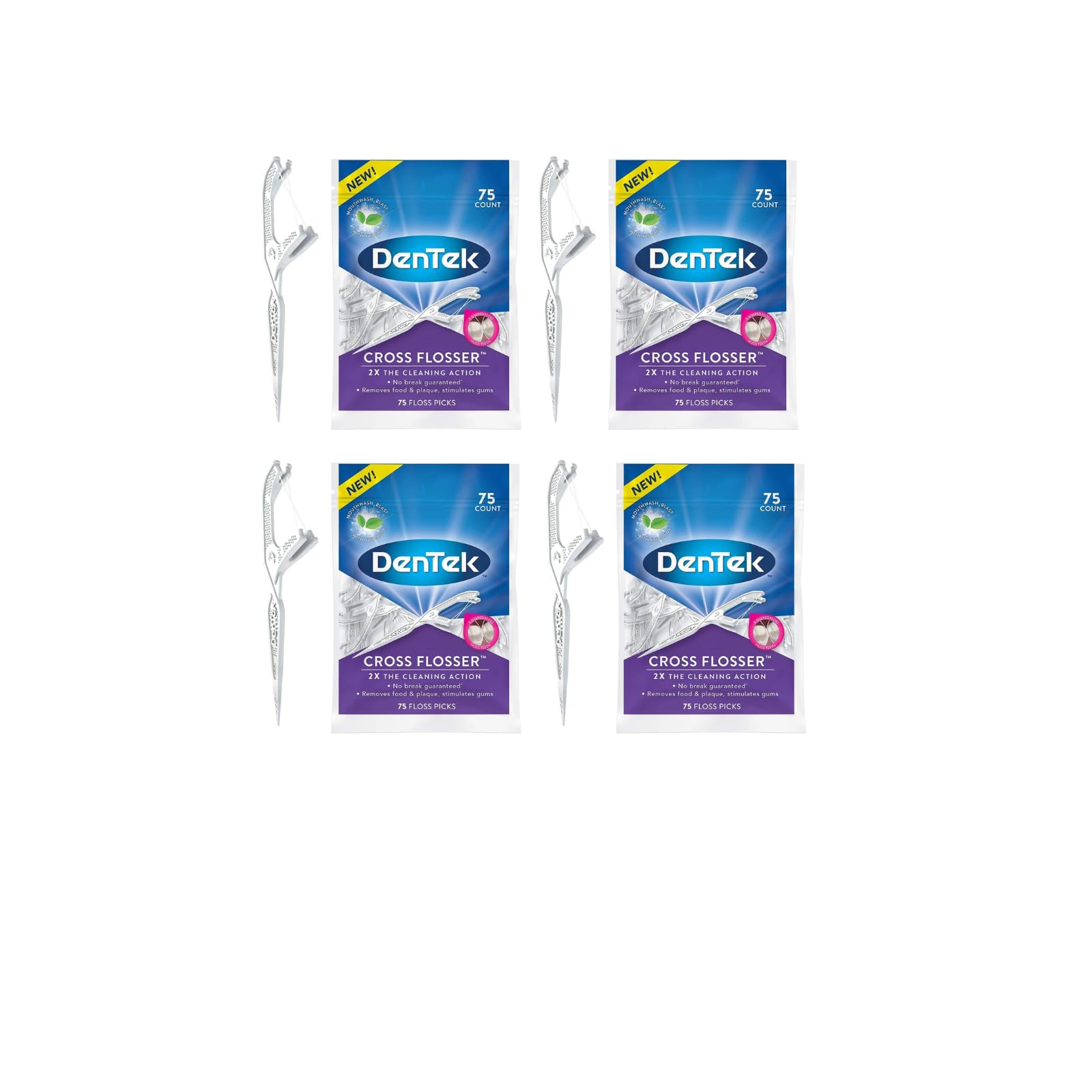 DenTek Cross Flosser Plaque Control Floss Picks, X-Shaped Floss, 75 Count, (Pack of 4)