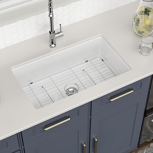 Logmey 32 Inch White Undermount Kitchen Sink 32 x 19 x 10 Inch Porcelain Single Bowl Deep Drop-In Dual Mount Fireclay Ceramic Kitchen Sink
