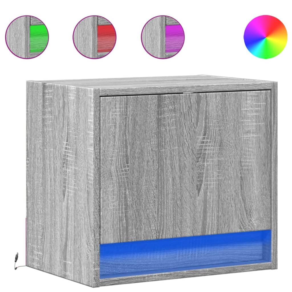 Wandmontage Nachttisch mit RGB LED Beleuchtung, Holzwerkstoff Nachttisch mit Schublade und USB-Anschluss, Platzsparende Wandkonsole für Schlafzimmer