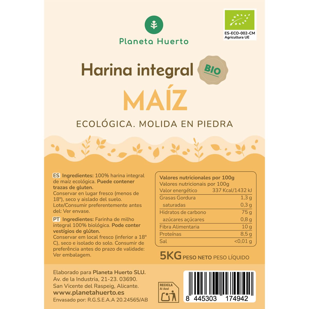 PLANETA HUERTO | Harina Integral de Maíz Eco 5 Kg – Rica en Fibra y Nutrientes