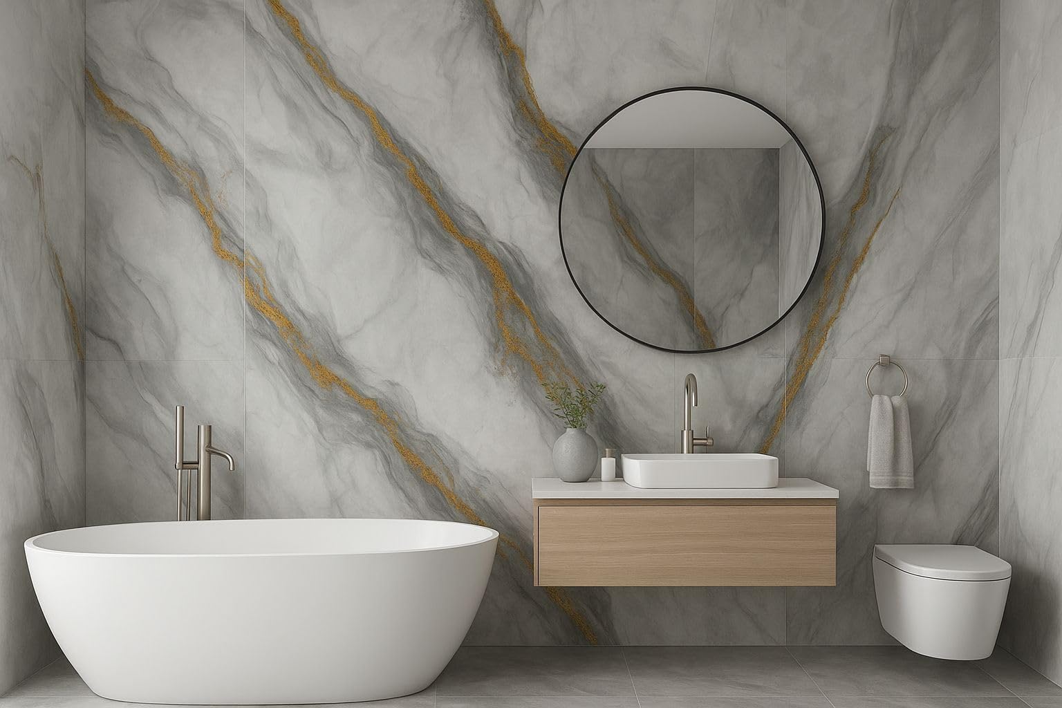 Generico Pannello PVC per parete decorativo adesivo effetto marmo 120x300 Grigio Oro Ignifugo Impermeabile