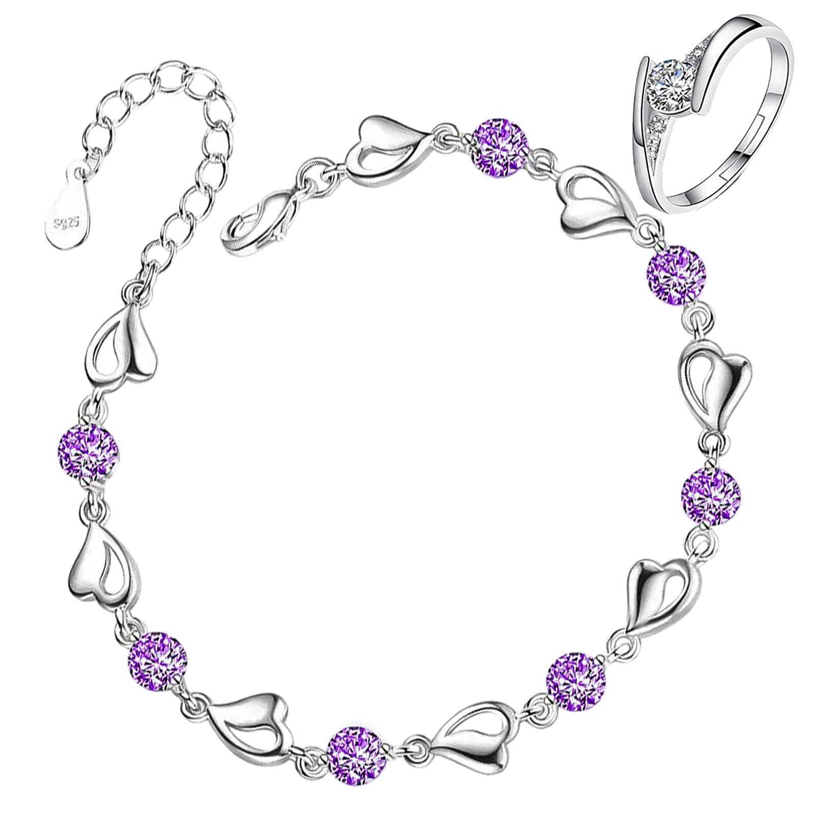 DGUSOPulsera Plata Mujer, Pulsera Mujer Plata De Ley 925, Pulseras Plata Mujer, Pulsera Plata Mujer 925 Pulsera de Corazón Ajustable con 1 Anillo de Plata, Pulseras De Plata Mujer para Mujer y Niña