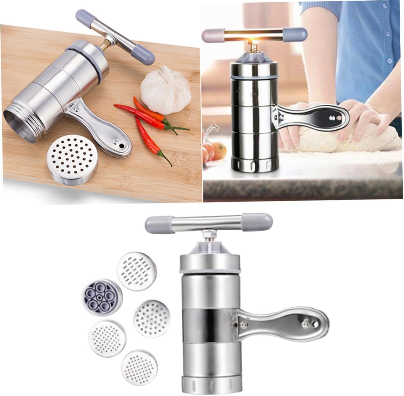 Stainless Steel Manual Noodle Maker with Interchangeable Moulds Home Kitchen Pasta Roller for DIY Noodles Easy to Clean and Use Food-grade Press Machine for Fresh Pasta