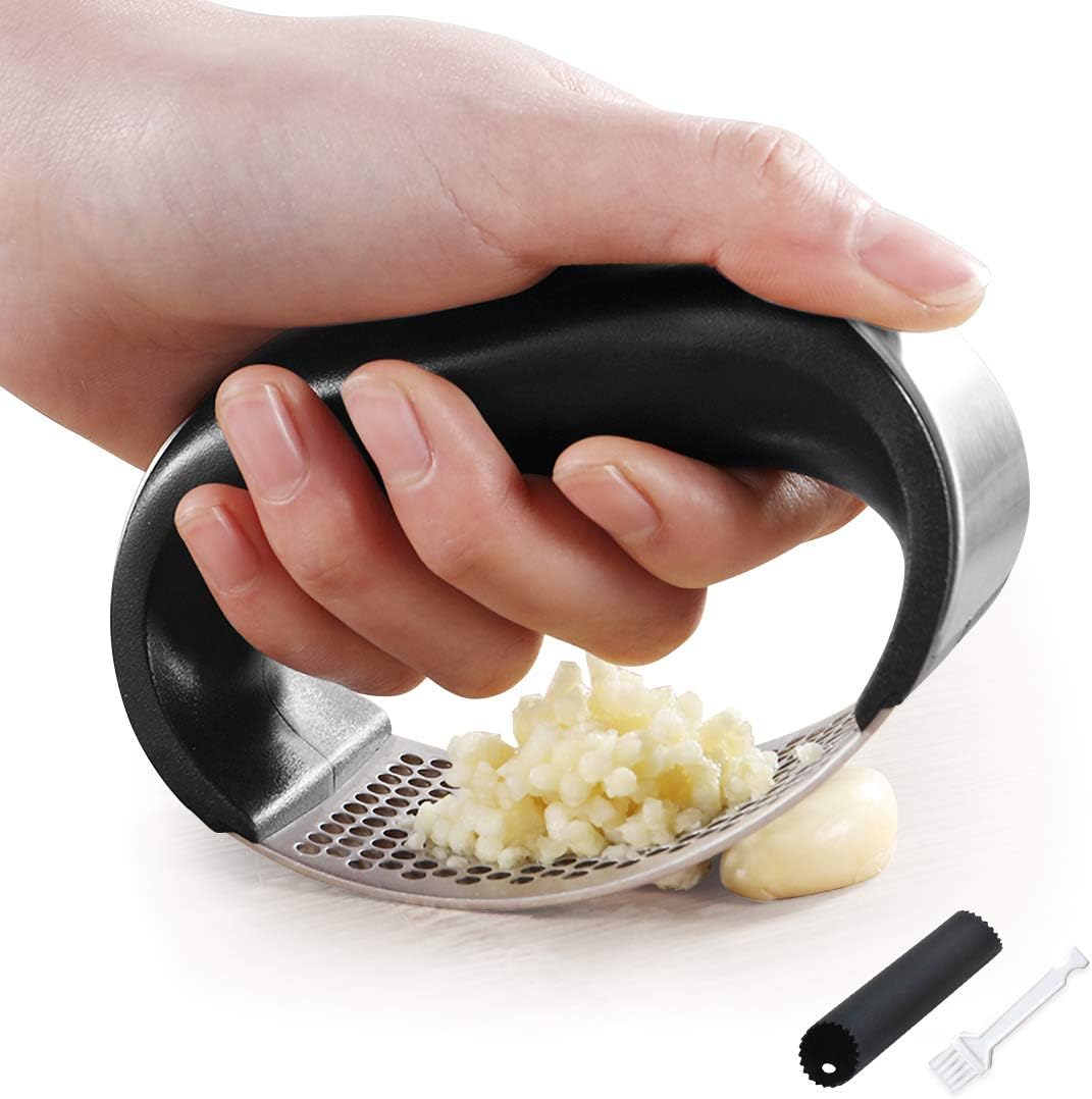 Stainless Steel Garlic Press Rocker and Silicone Tube Garlic Peeler Set, Handheld Garlic Rolling Crusher Dishwasher safe- Easy to Clean