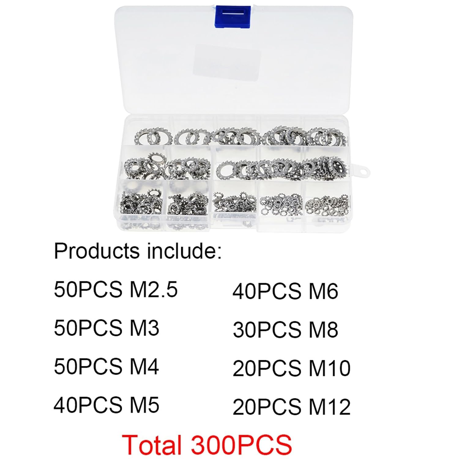 300PCS/Box M2.5 M3 M4 M5 M6 M8 M10 M12 Mix 304 Stainless Steel Washers External Toothed Gasket Serrated Lock Washer Kit
