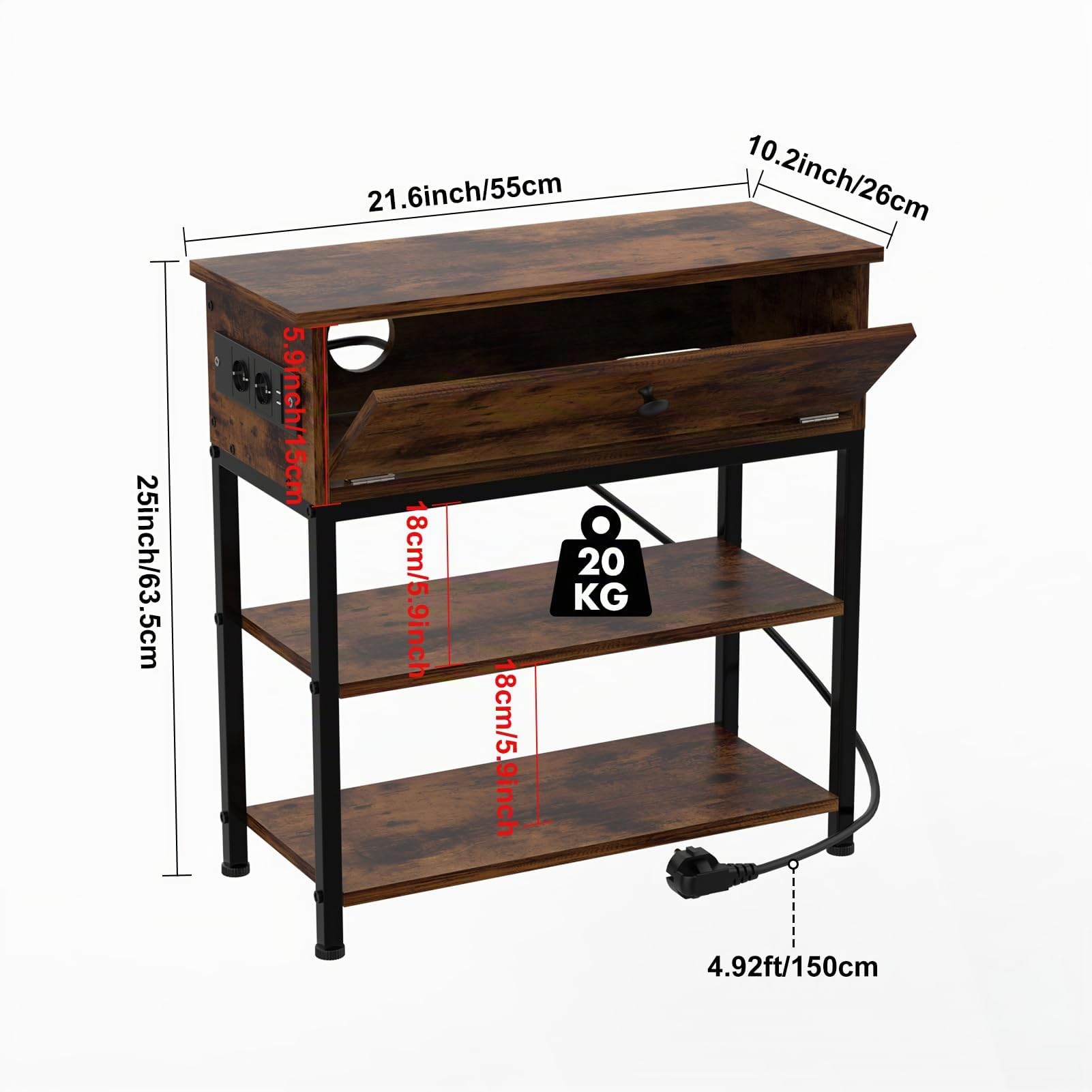 Mesita de Noche con Estación de Carga,Mesitas de Noche Dormitorio Moderna con Enchufe y Puertos USB, Mesilla de Noche para Salón,55 x 26 x 63 cm,Mesa de Noche Marrón Vinta