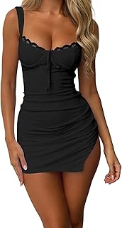 Womens Sexy Lace Dress Tight Going Out Slip Ruched Spaghetti Sweetheart Neck Party Bodycon Mini Dresses - Buy now