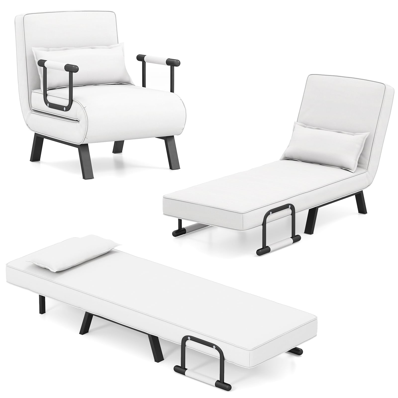 GOPLUS Sofá Cama Individual, Sillón Relax Reclinable 4 en 1 con Respaldo Ajustable en 6 Posiciones, Almohada y Orejero, Butaca de Salón 1 Plaza para Oficina, Salón, Carga 150kg (Blanco)