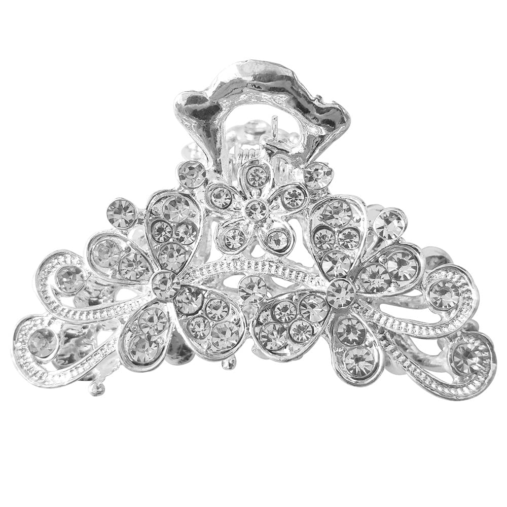 Silver Vintage Hair Claw Jaw Clips Rhinestone Hair Claw Crystal Flowers Hair Jaw Clamps Fancy Hair Accessories for Women and Girls