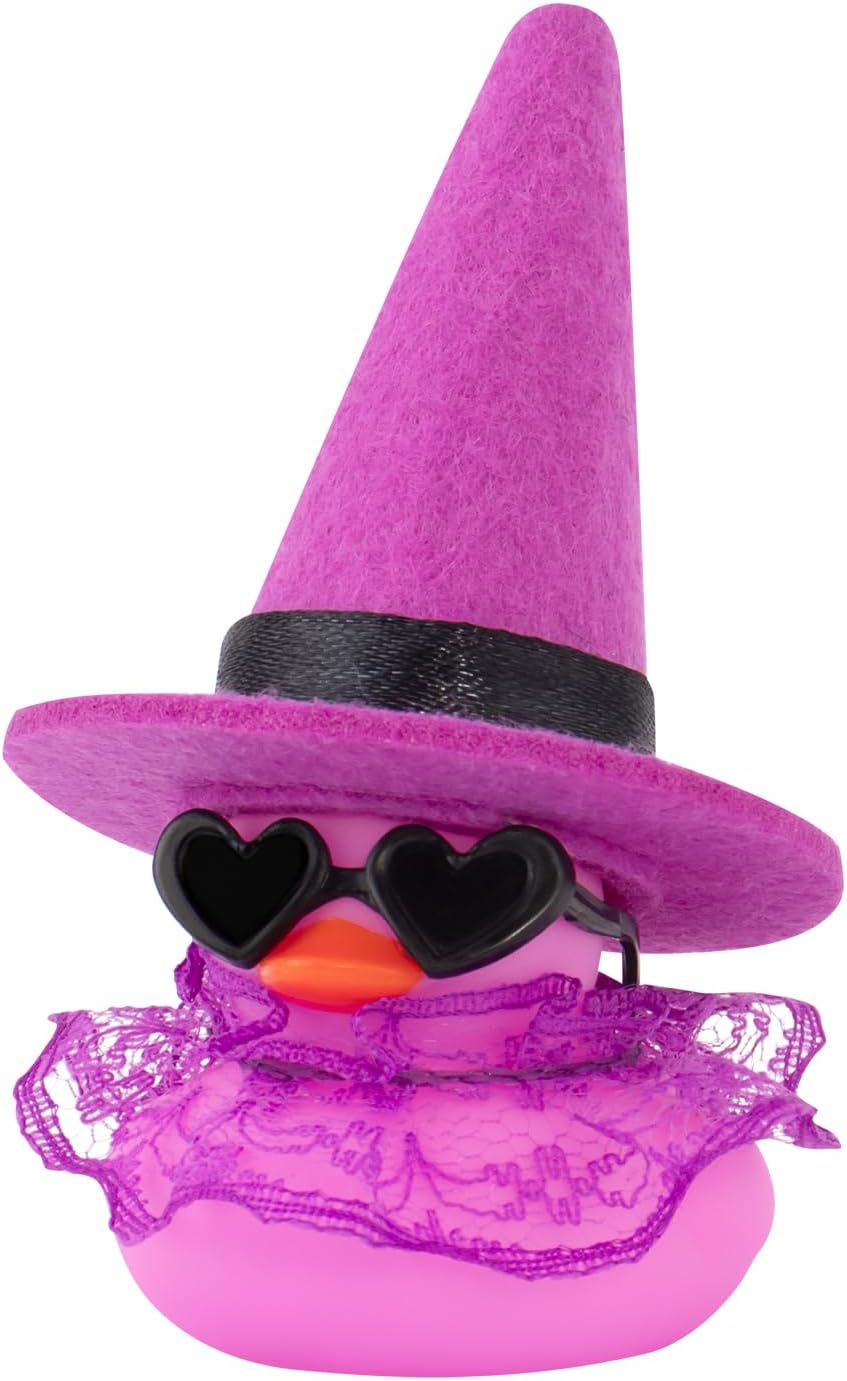 wonuu Car Dashboard Witch Colorful Rubber Ducks for Halloween, Decorations Duck for Office Desk Ornament Accessories with Hat Glasses Skirt, Gold Edge Skirt Black