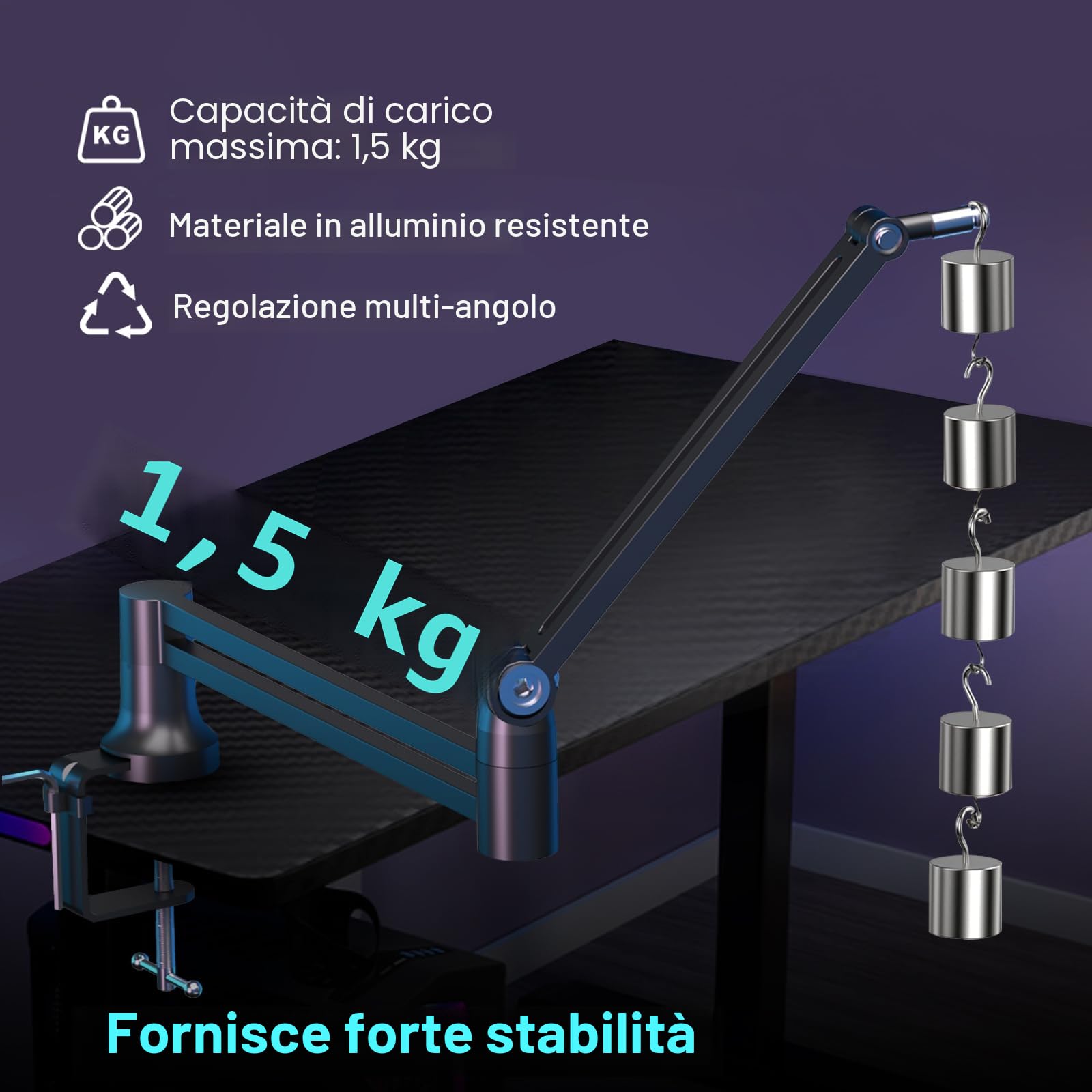Braccio per Microfono, Supporto per Microfono a Basso Profilo Rotante a 360°, Braccio Pieghevole per Microfono con 4 Usi, Supporta fino a 1,5 kg, con Adattatore da 3/8'' a 5/8'' per Blue Yeti