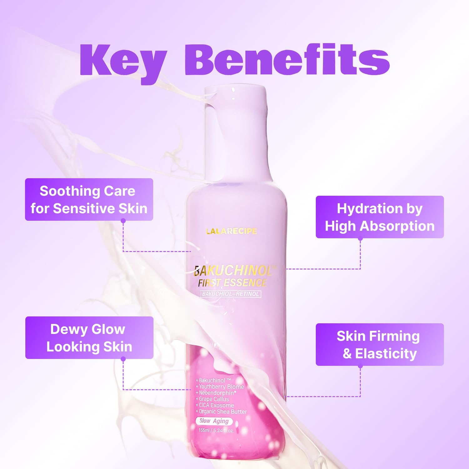 LALARECIPE Bakuchinol First Essence, Bakuchiol + Retinol Milky Toner with Peptides & Niacinamide, Fine Lines, Texture & Dark Spot Care, Korean Skincare for All Skin Types (5.24 Fl Oz / 155ml) - Image 6