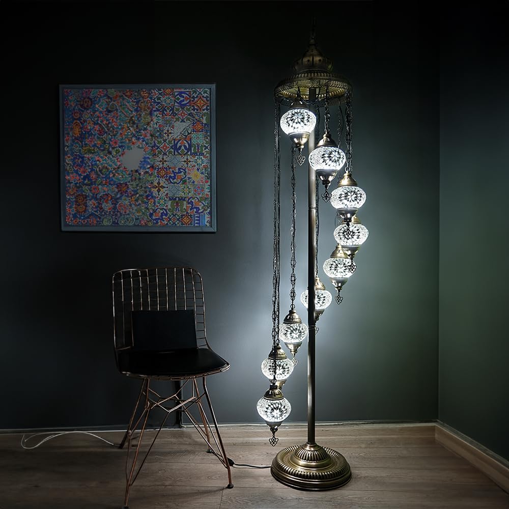 Asylove Turkish Lamp 9 Globe Mosaic Floor Lamp, Mosaic Standing Lamp, Moroccan Lamps, Floor Lamp for Decorative Home Designs Offer 5 inch Globe - Total Height 70 inch (Colormix)