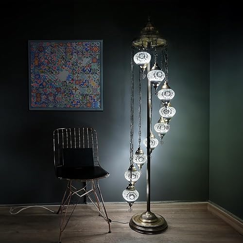 Asylove Turkish Lamp 9 Globe Mosaic Floor Lamp, Mosaic Standing Lamp,Moroccan Lamps, Floor Lamp for Decorative Home Designs Offer 5 inch Globe - Total Height 70 inch (White) - White