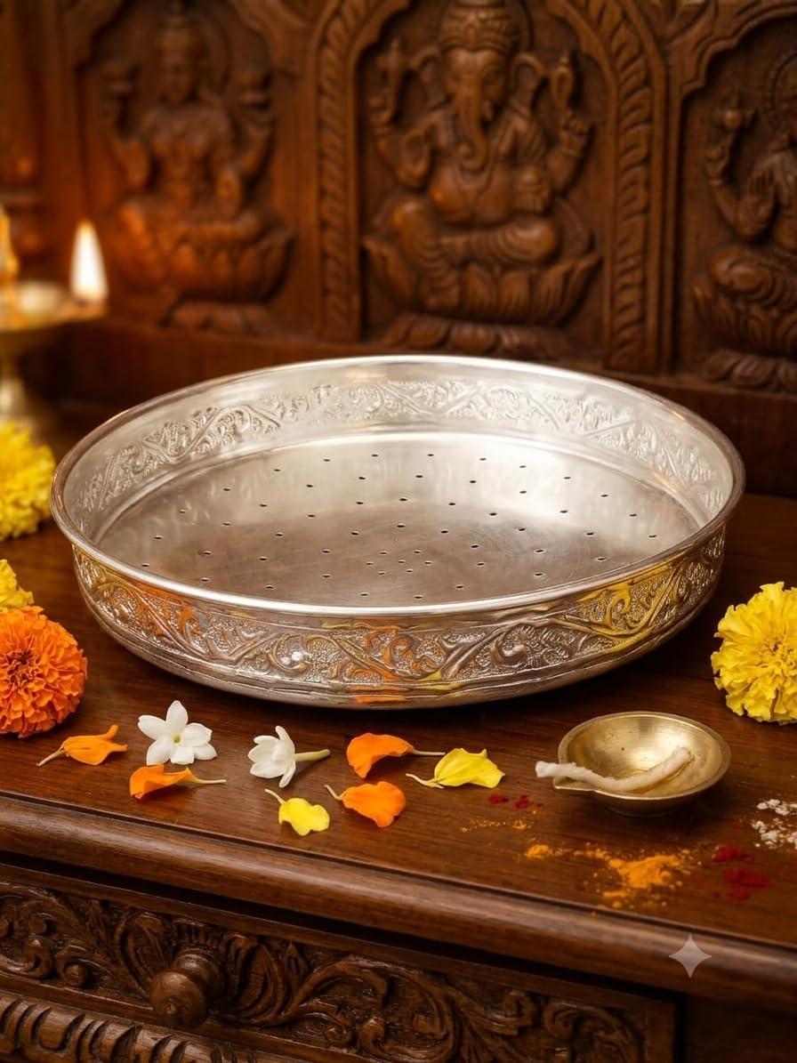 Pure German Silver Heavy Embossed Serving Bowl/Tray | Traditional Royal Cutwork Design Centerpiece Platter for Dining Table, Puja Essentials & Return Gifts 12x 20x 25 CM 450Grms-image-36