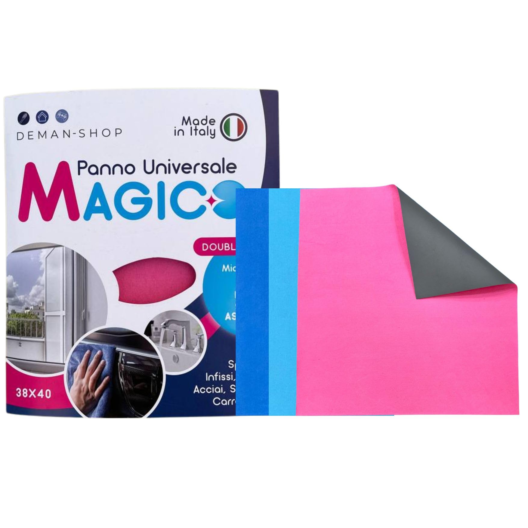 Panno Rapido Doppio Strato Microfibra E Gomma - 38x40 Cm, Per Pulizie Auto E Casa, Made In Italy - Foto 2