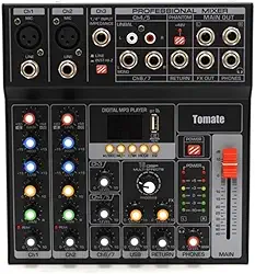 Mesa de Som Profissional Bivolt 7 Canais - Mixer de Áudio Bluetooth, MP3 e USB Com Efeitos, Equalizador e Phantom Power, Console de Mixagem Para Podcast, Igreja, Karaokê e Live (TYT-007)