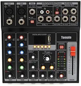 Mesa de Som Profissional Bivolt 7 Canais - Mixer de Áudio Bluetooth, MP3 e USB Com Efeitos, Equalizador e Phantom Power, Console de Mixagem Para Podcast, Igreja, Karaokê e Live (TYT-007)