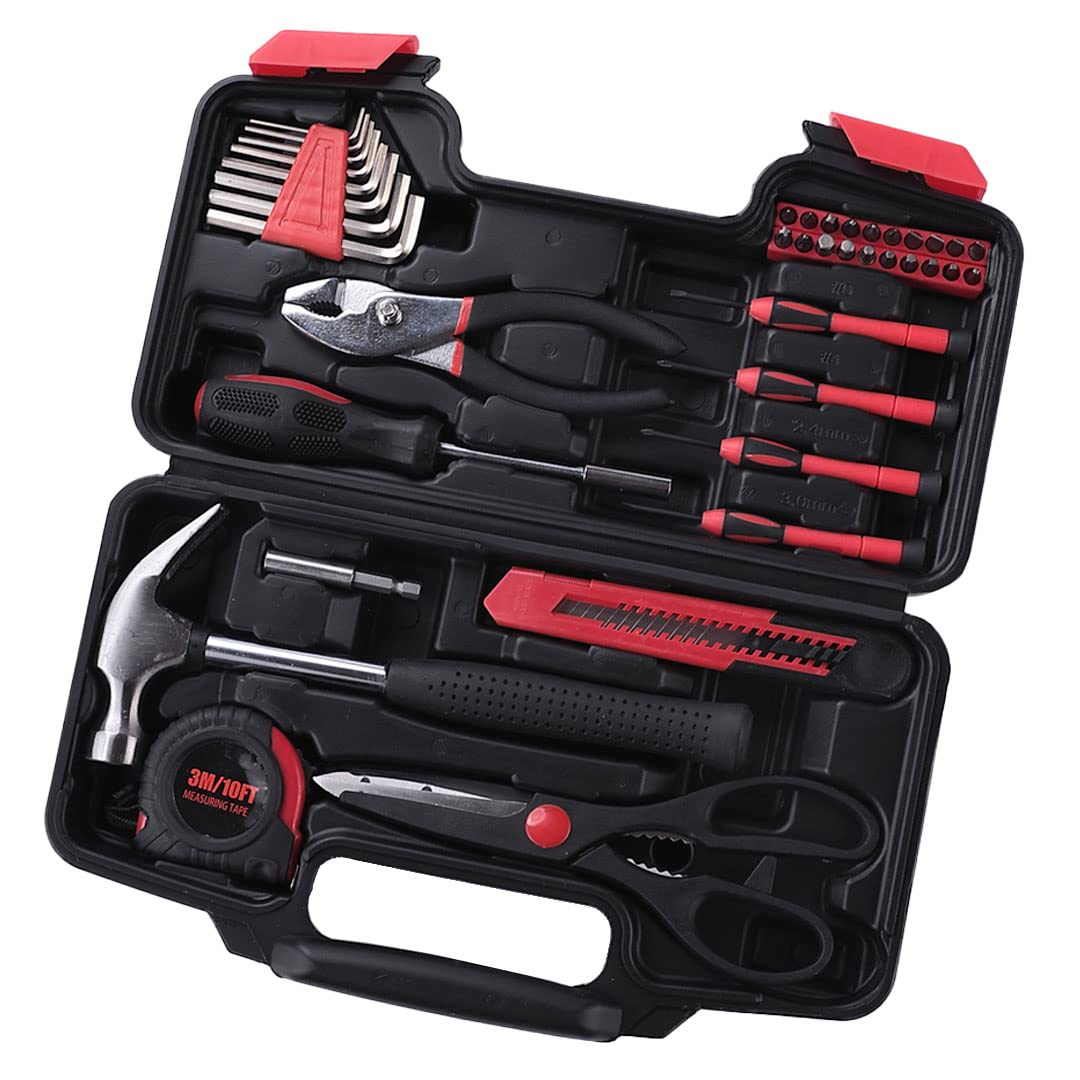 39 piece Hand Tool Kit | Non-Slip & Corrosion Resistant Handles | Multi-Utility Household & Professional Hand Tool Kits | Screwdriver, Socket Set, Wrench, Pliers (39-in-1)