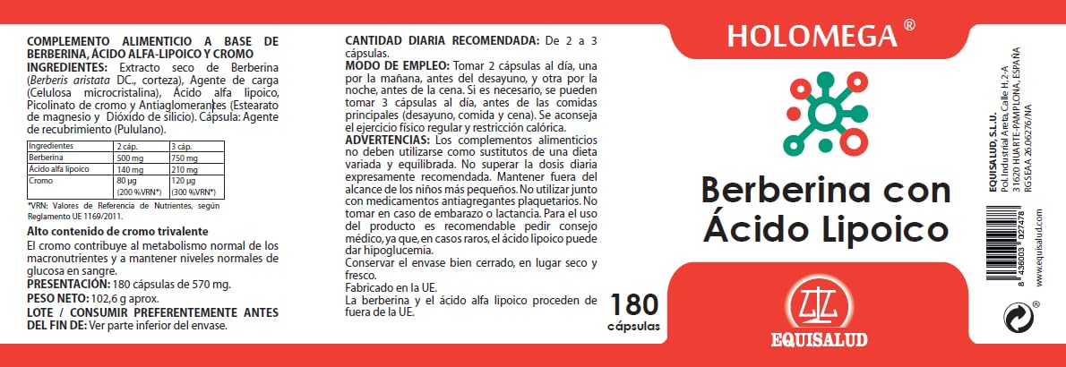 Equisalud - Holomega Berberina 180 Cápsulas - Favorece el Metabolismo y el Control de la Glucosa - con Ácido Alfa-Lipoico y Cromo