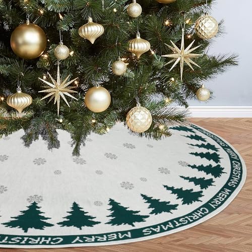 DEMIUKO Weihnachtsbaum Decke Weiß 90cm Gestrickter Christbaumdecke Groß mit Grün Schneeflocken Christbaum Rock Rund Weihnachtsbaumdecke Tannenbaumdecke für Christbaumständer Zuhause Weihnachtsdeko