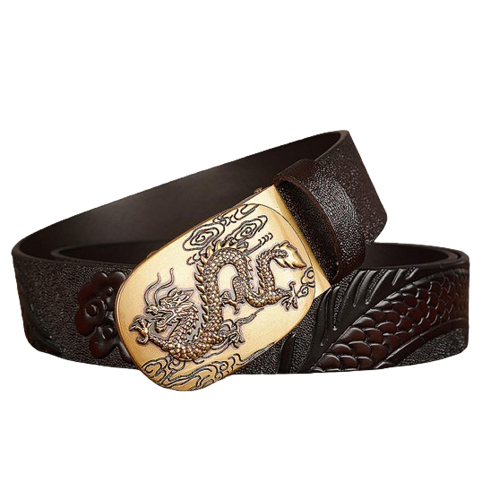 Cinturón De Trinquete para Hombre Hebilla Automática Deslizante Dragon Cinturones De Dragón Tallado En Relieve Longitud 110-130cm Correas De Cuero De Vaca(130cm/51, Coffee)