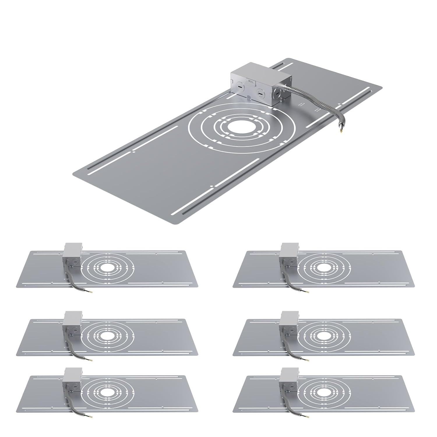 Canless New Construction Mounting Plate with Round Holes, fits 2/3/4/6/8 Inch LED Recessed Lighting Kits, with Auxiliary Junction Box - Shallow Recessed Light Housing (12 Pack)