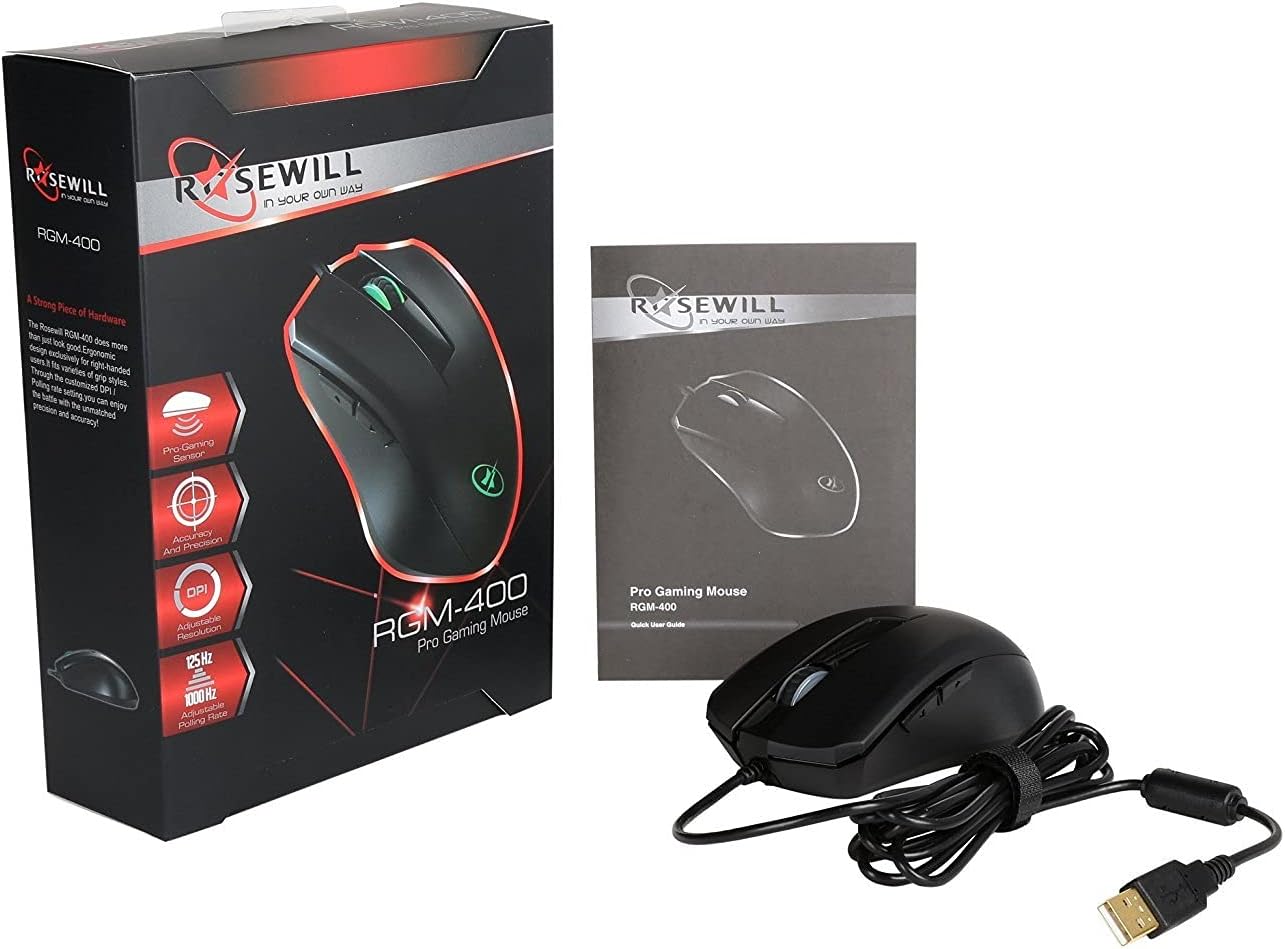 Rosewill Ergonomic Computer Laptop Gaming Mouse, 5 Levels up to 4000 DPI w/ Advanced Optical Sensor, 7 LED Backlit Colors - RGM-400 (Renewed)