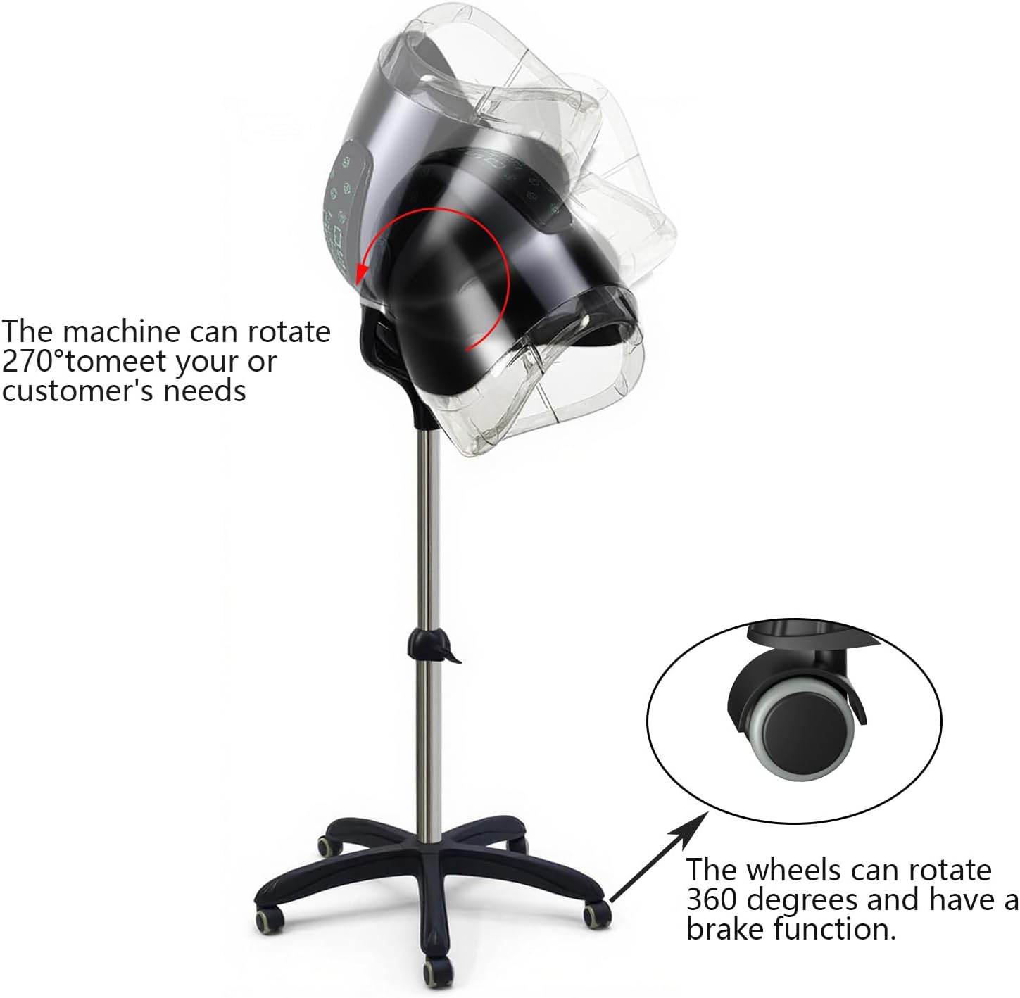 Professional Stand-up Hooded Hair Dryer,with Smart Touch Control Panel, 1000W 8-Speed Settings, Negative ion and Ozone Functions,with Bonnet Portable Blow Dryer, for Salons and Home use. (Black) - Image 6