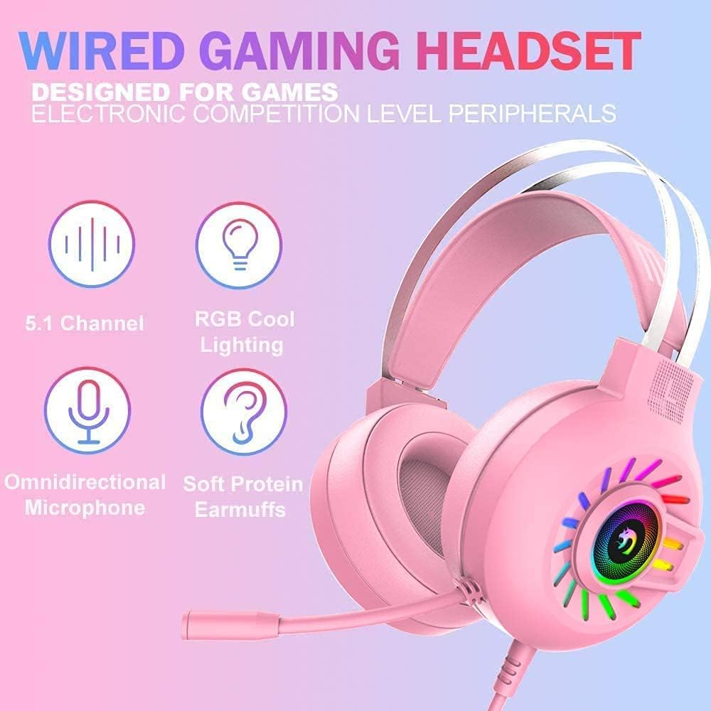 FELICON Pink Mechanical Keyboard Mouse and Handset Combo with Mouse Pad, Full Anti-ghosting Wired Gaming Keyboard, Lightweight Gamer Mouse, Professionals RGB Over Headphone for PC, Laptop,Mac