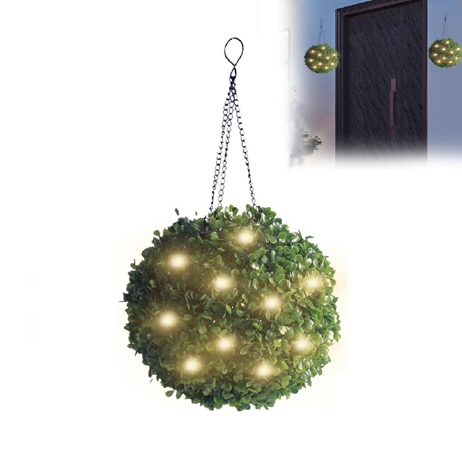 Solar LED Topiary Ball Lights, Hanging Artificial Boxwood Grass Sphere with Light Sensor, Waterproof Solar Powered Outdoor String Lights for Garden, Patio, Backyard, Party, Holiday Decor (20cm)