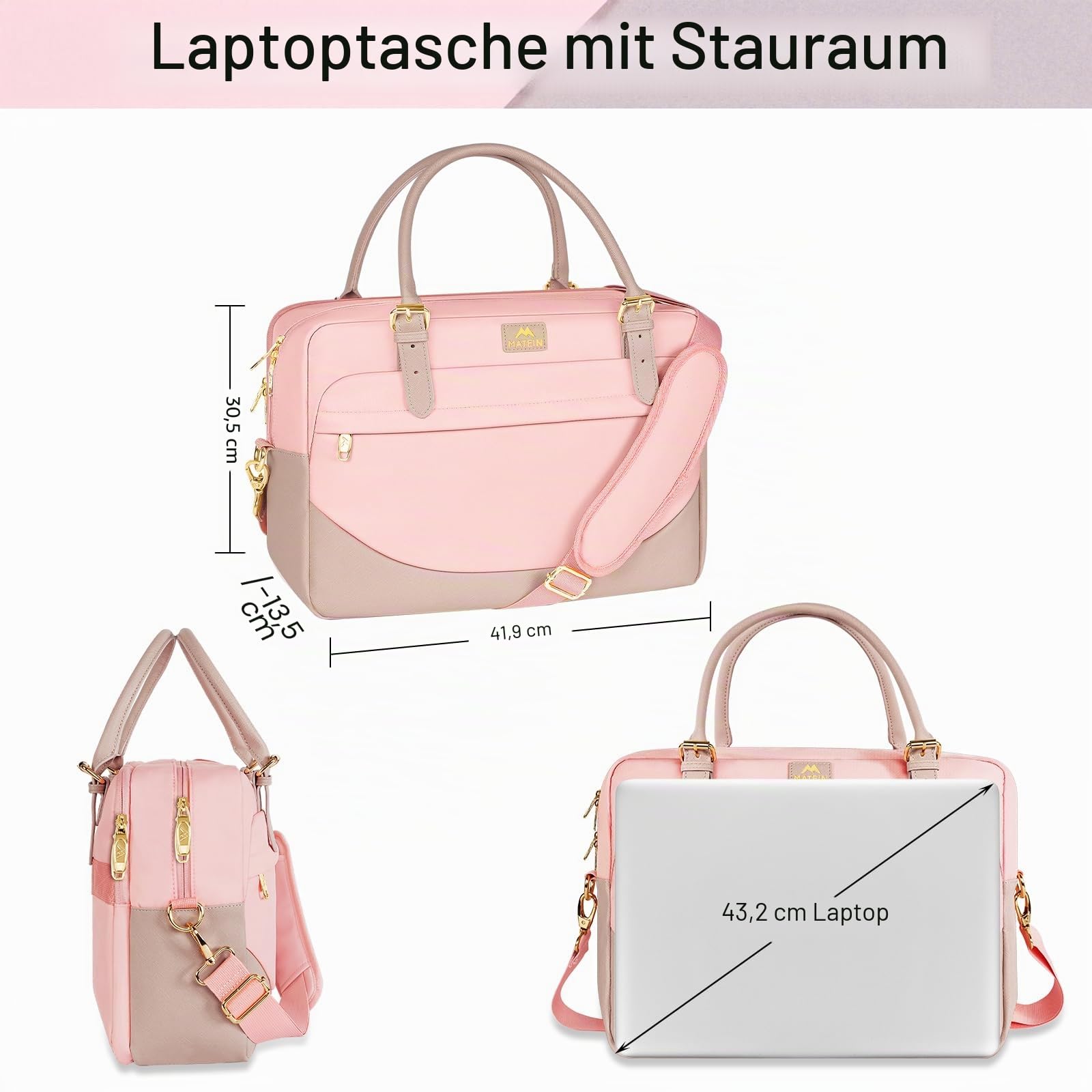 MATEIN Handtasche Damen Groß, Laptoptasche 17,3 Zoll Arbeitstasche mit Vielen Fächern Messenger Bag Businesstasche Frau Aktentasche Bürotasche Pink Laptop Bag Umhängetasche für Schule, Reisen, Rosa