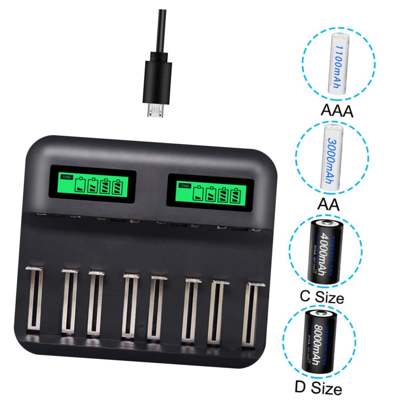 Chargeur de Piles AA AAA C USB Intelligent Emplacements avec Écran LCD Protection Multiple Circuit et Surcharge Charge pour Batteries Rechargeables Nimh Nicd