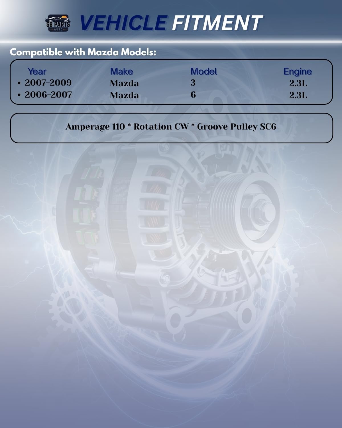 SB Parts New 100Amp Alternator Compatible with Mazda 3 2007 2008 2009, 6 2006-07 Turbocharged 2.3L