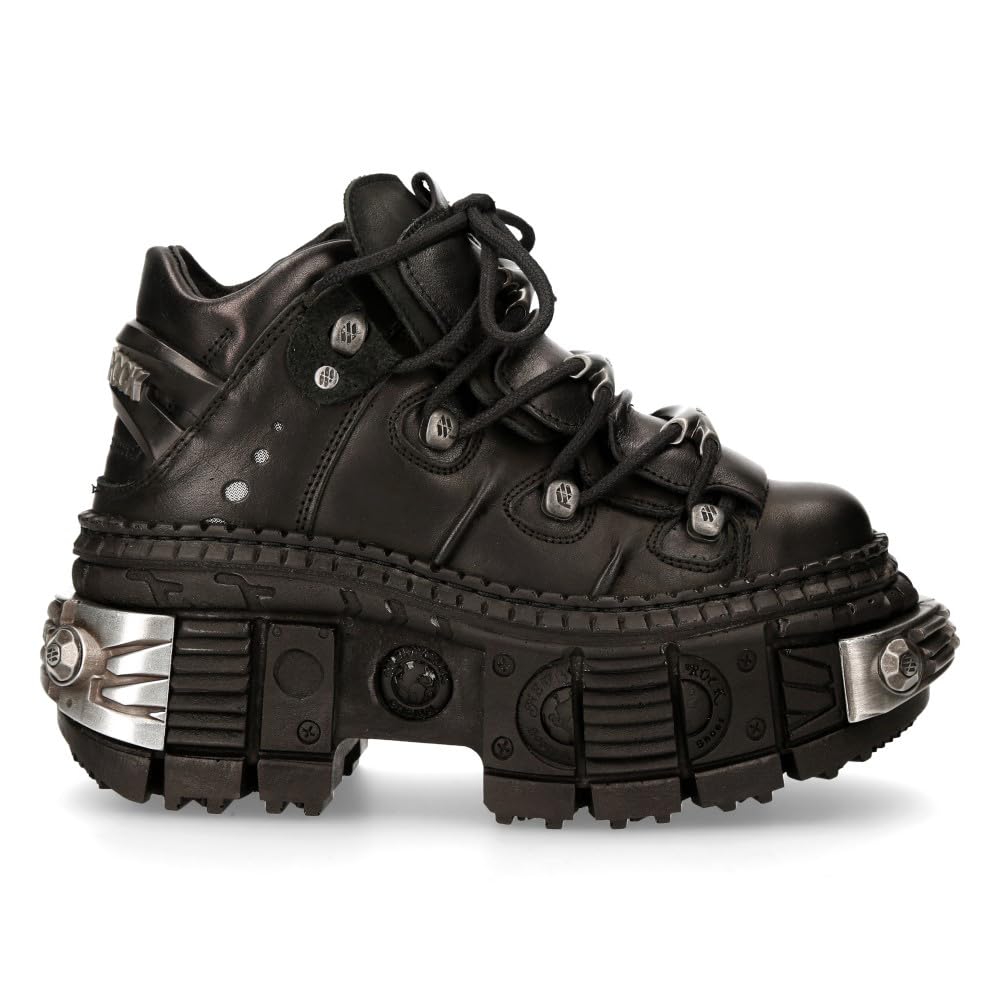 New Rock Stivali Unisex Suola TANK con lacci Colore Nero Pelle/Unisex Black Boots Leather Shoelaces M.WALL106-S10