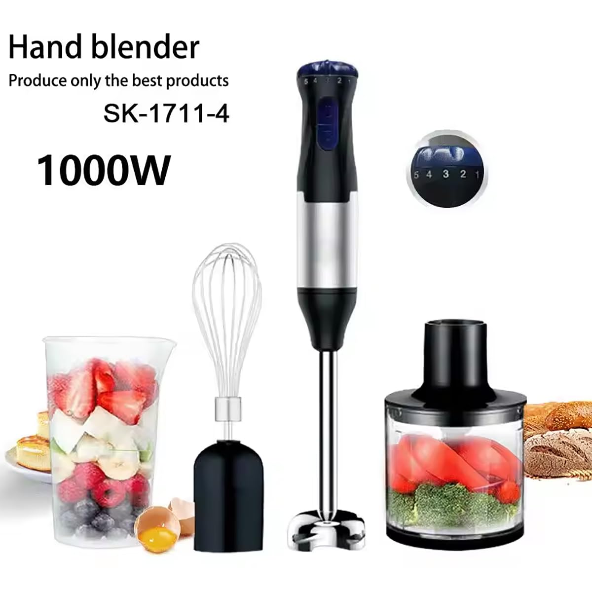 Espumador de leche, batidora de inmersión de mano, potente batidora de mano de 1000 W, ajuste de velocidad de 5 velocidades, batidor inteligente de acero inoxidable con batidores de huevos y