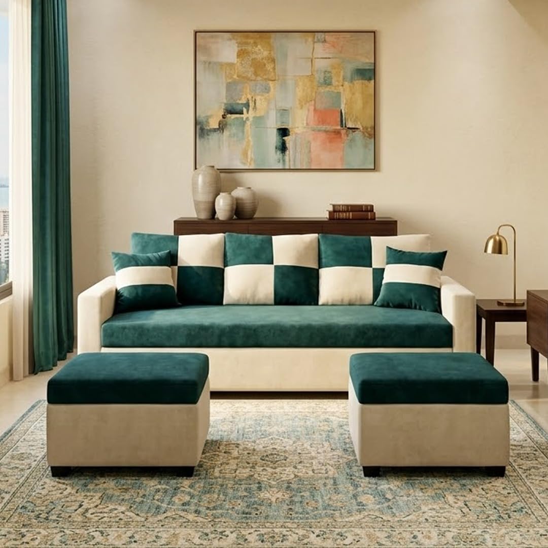 Chastine Luxe Velvet-Suede Fabric 3 Seater Sofa Set with 2 Ottomans | Comfortable & Spacious Seating | Modern Sofa Set for Living Room – Cream & Green Teal-image-30