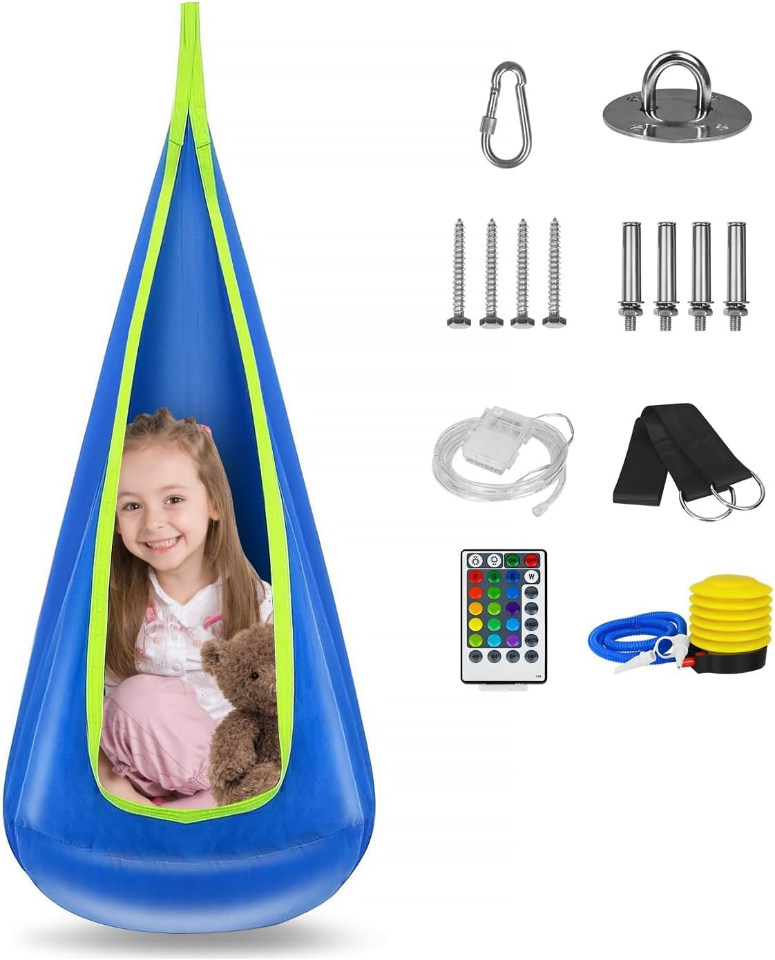 Light Up Kids Pod Swing Seat, Hanging Hammock Chair with LED Lights, Upgraded Cotton Child Sensory Swing Seat, Sensory Swing for Autistic Kids Indoor & Outdoor Play (Blue) - Image 8