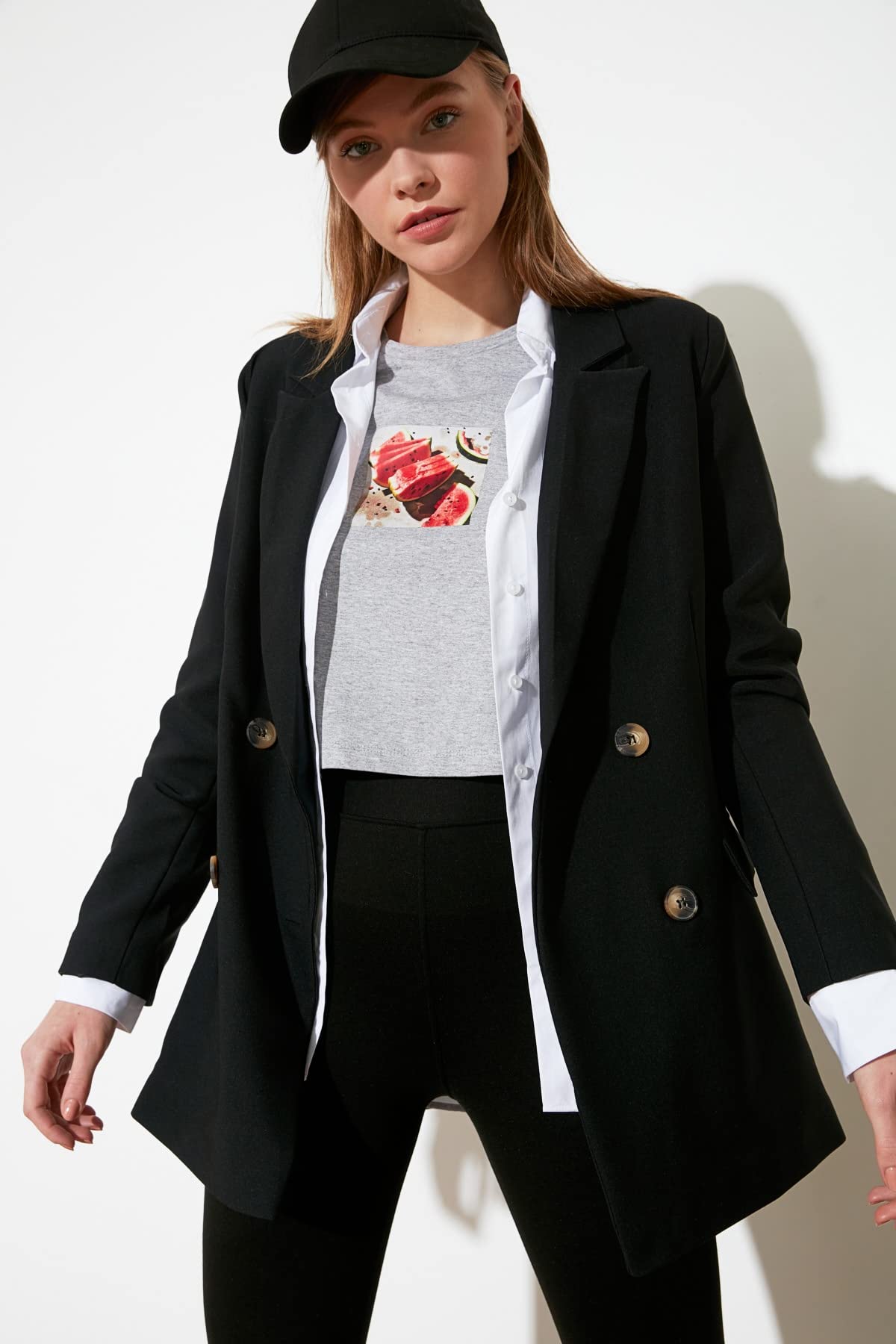 TRENDYOL Damen Übergroße Jacke Button Oversize Craissile Blazer Jacket, Black