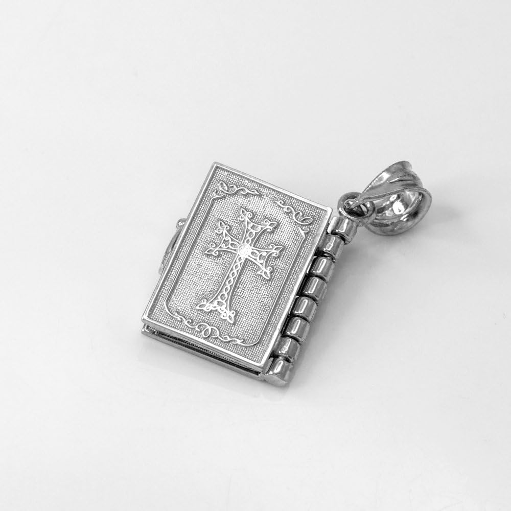 Religious Jewelry Polished Sterling Silver 3D Armenian Holy Bible Book w/Lord's Prayer Pendant Necklace - Image 8