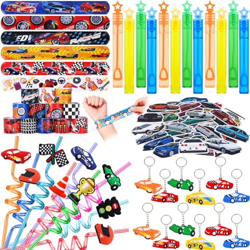 KELENO 98 Pcs Race Car Party Favors Racecar Birthday Supplies Straw Bubble Slap Band Sticker Racing Toy Gift Boy Girl Goodie Bag Stuffer Cars Party Favors for Kids 3-5 4-8