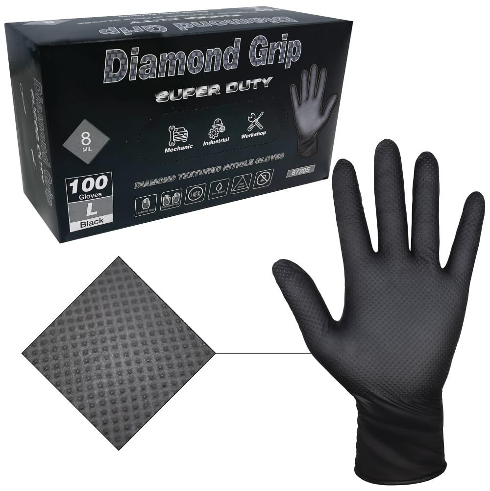 LAUCO Heavy Duty Industrial Black Nitrile Gloves with Raised Diamond Texture, 8-mil, Latex Free, Powder Free (1, Large (Pack of 100))