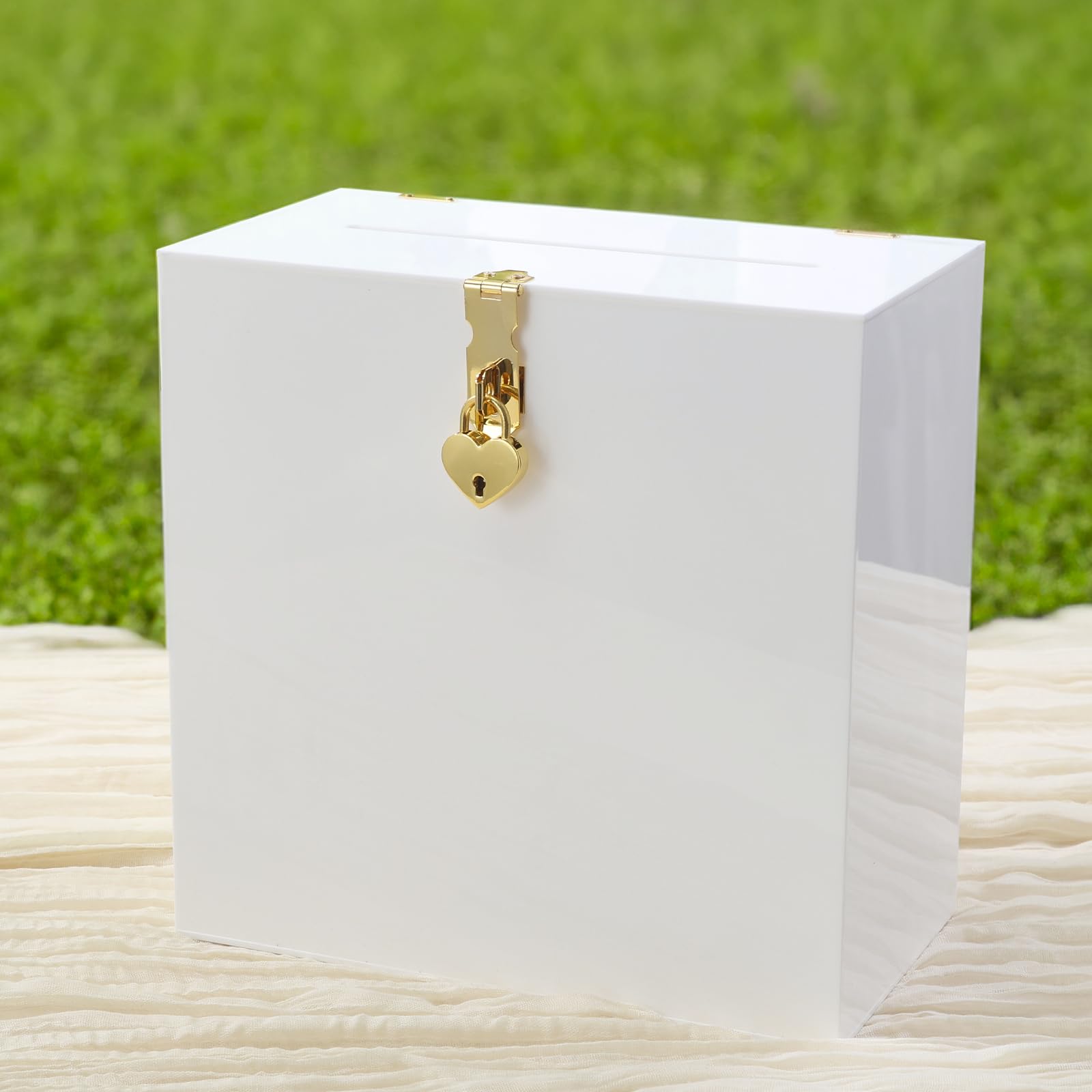 Photo 1 of UNIQOOO White & Gold Heart Lock Acrylic Card Box, Modern DIY Wedding & Occasion Box, 10x10x5.5 inches